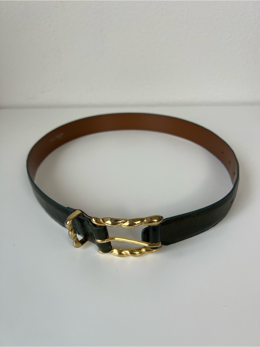 VTG Linda Allard Ellen Tracy Green Buffalo Calf Leather Belt Gold‎ Buckle Small